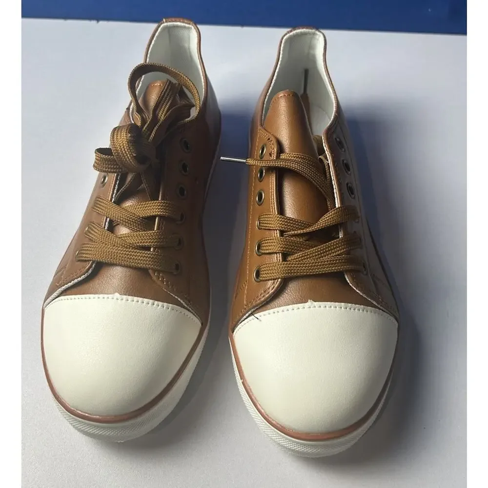 Women’s Brown Cream Cap Toe Lace-Up Fashion Sneakers EU 40 US 9